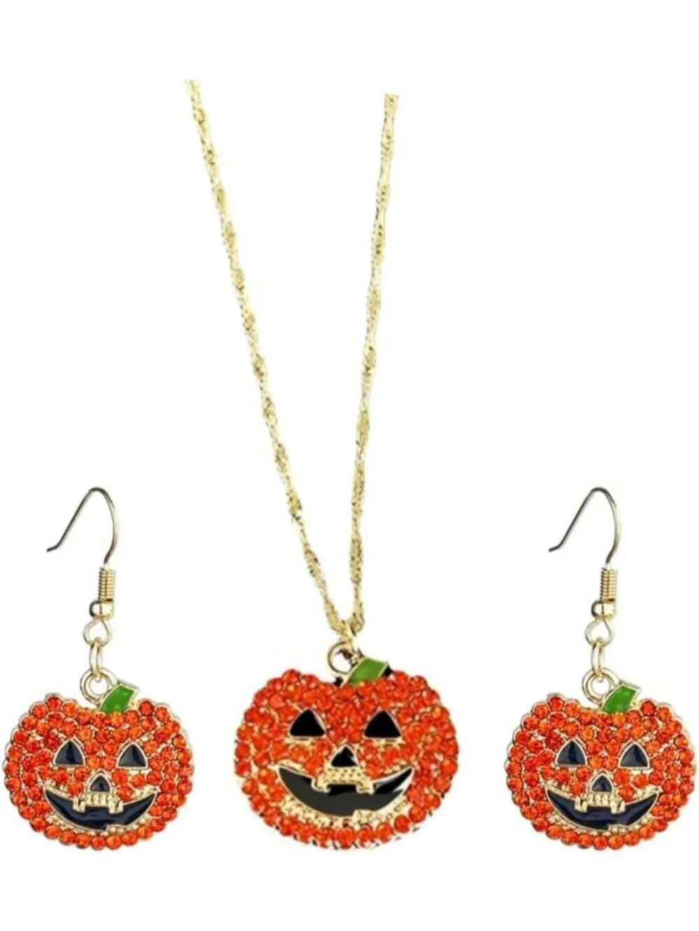 Women’s Pumpkin Orange Rhinestone Sparkly Halloween Ghost Necklace Earring